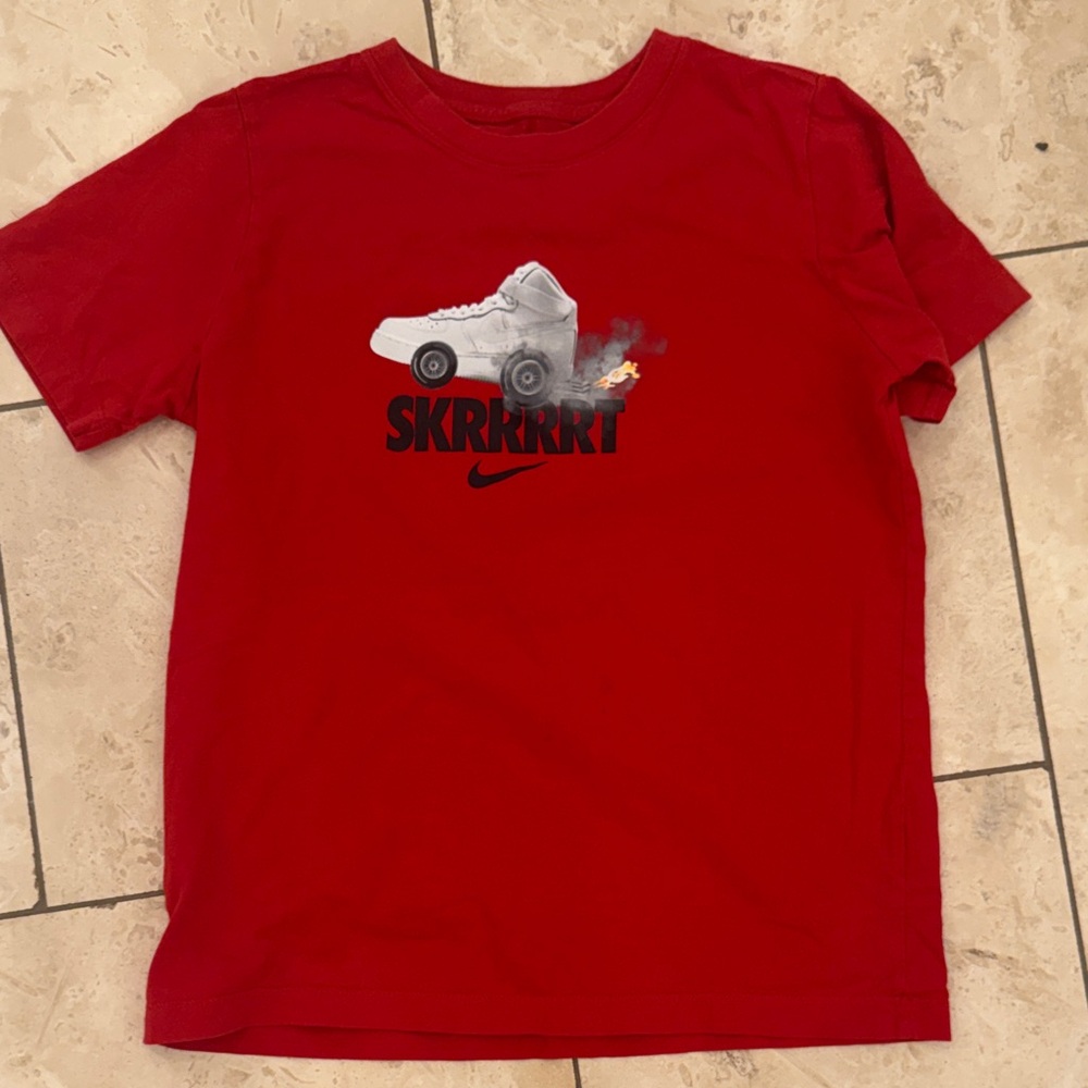 Nike Red Graphic 'SKRRRRT' Tee with Sneaker Motif